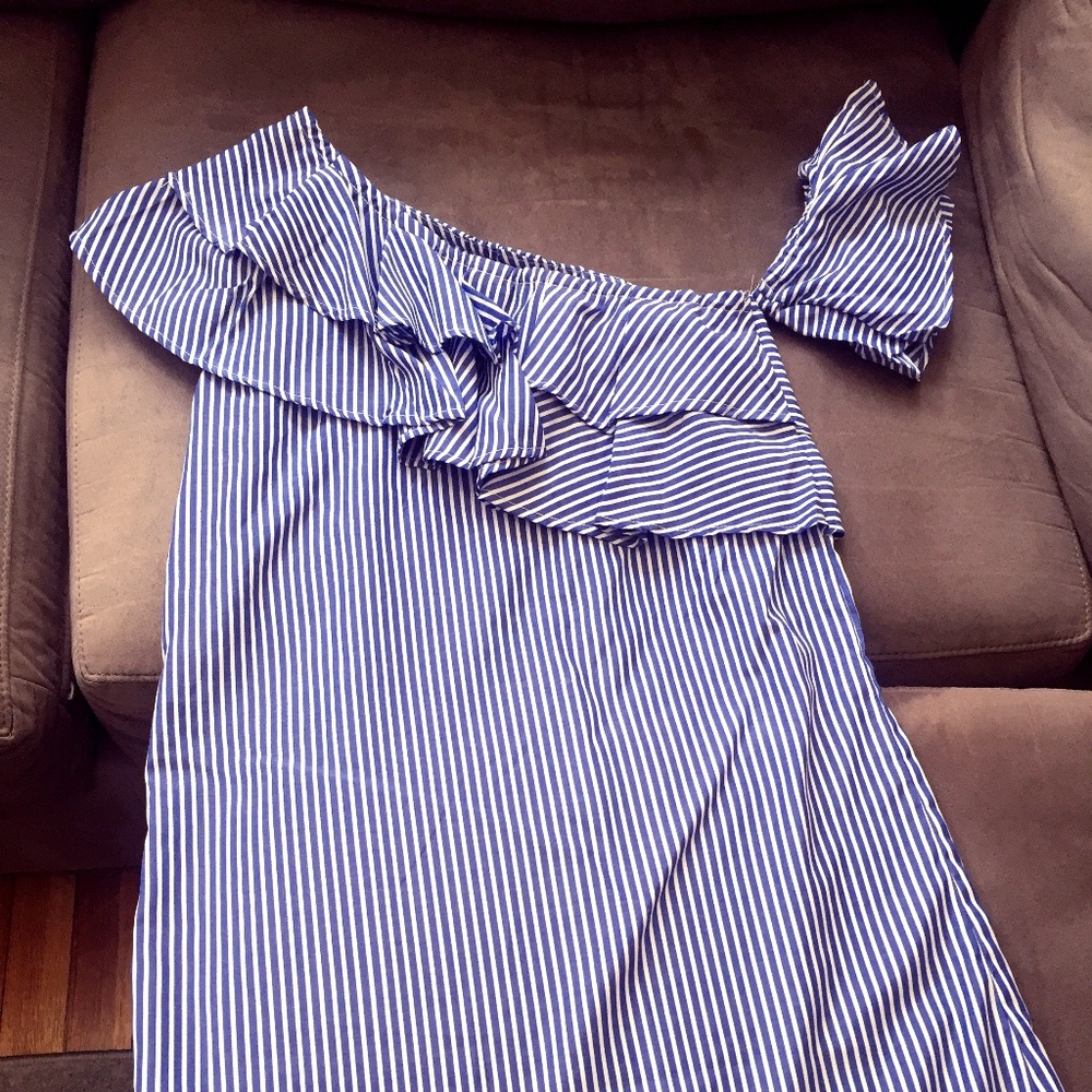 Blue and White Striped Ruffled Summer Dress
